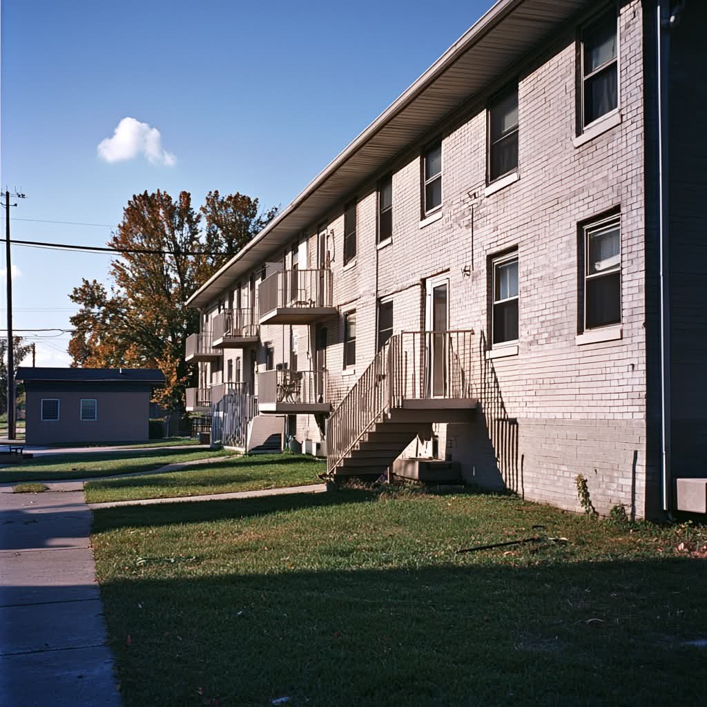 Side view of a two-story apartment building with staircases and balconies, set against a clear blue sky and surrounded by grass.