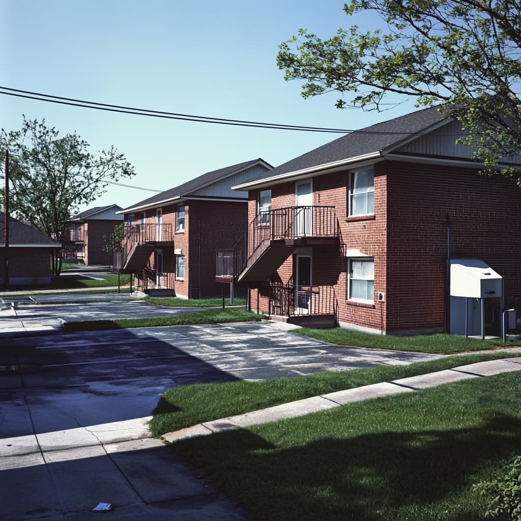 Brick apartment complex featuring staircases and manicured lawns under a clear blue sky.